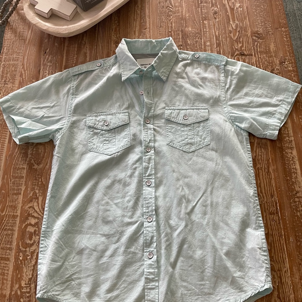 Paper denim & cloth button up.  Boys size 10/12.  Pastel Aqua color.
